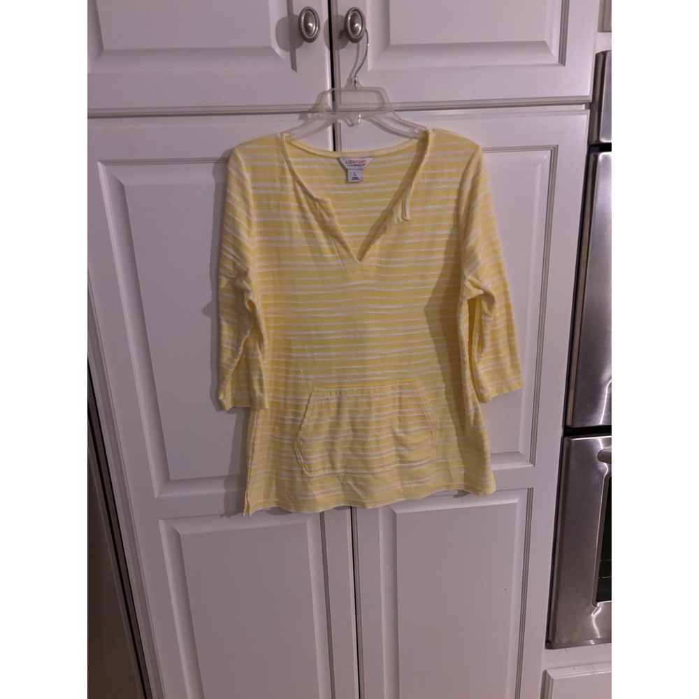 Liz Sport Liz Claiborne Yellow White‎ Striped 3/4 Sleeve Kangaroo Pocket Top L